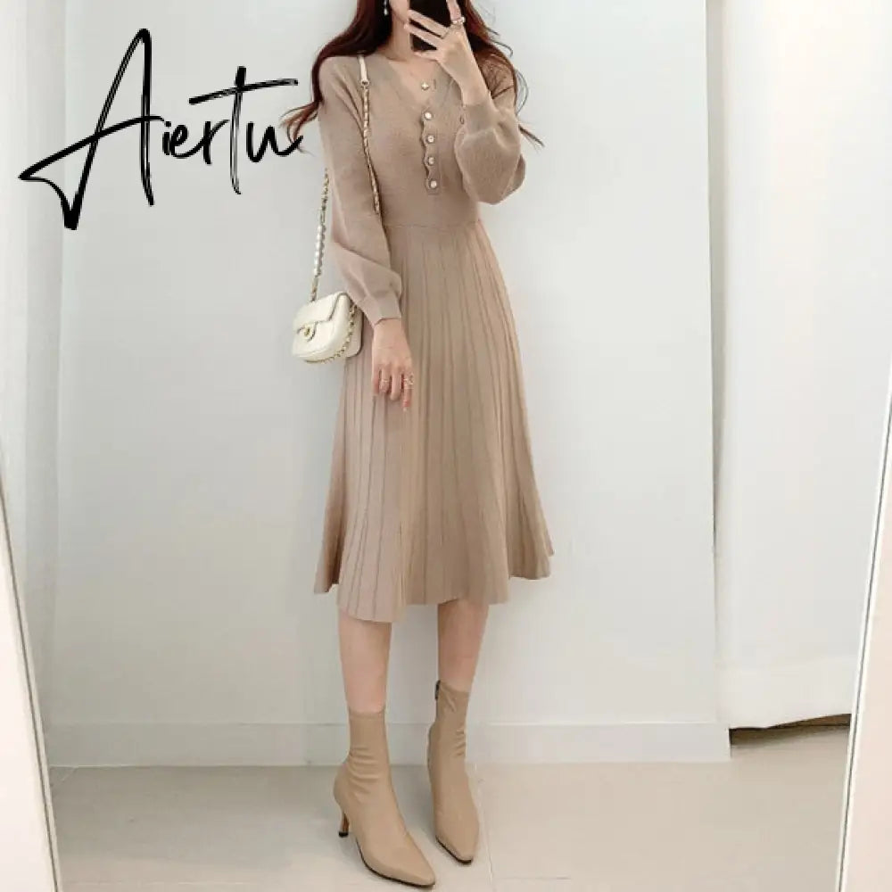 Vintage Elegant Knitted Beige Midi Dress New Autumn Long Sleeve Slim Woman Sweater Dresses One-Piece Woman Pleated Dress Aiertu