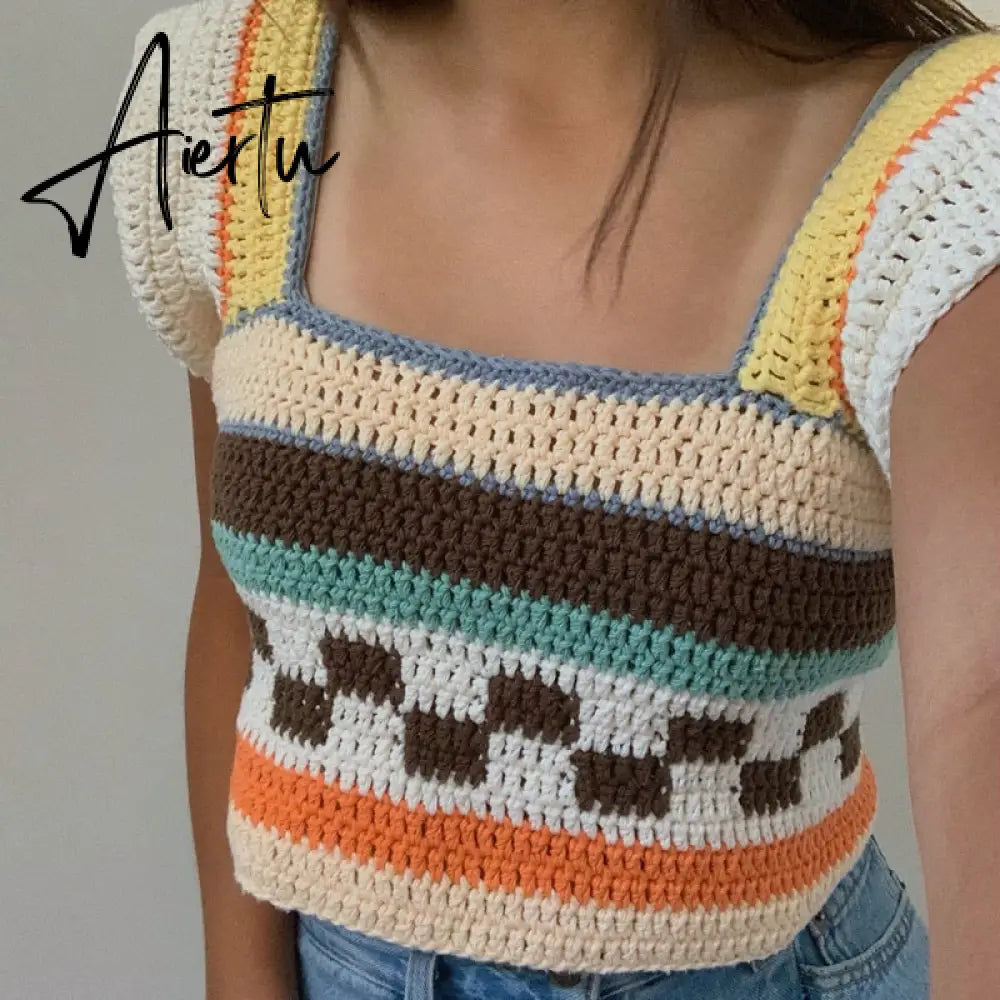 Vintage Patchwork Knitted Sweater Vest Y2K Aesthetic Ruffles Tank Top 90s 00s Retro Square Collar Crop Top Women Kawaii Clothes Aiertu