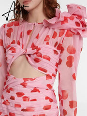 Vintage Print Floral Mini Dress For Women Round Neck Long Sleeve Cut Out High Waist Pleated Dresses Female Clothing New Aiertu