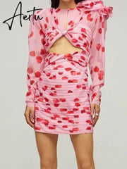 Vintage Print Floral Mini Dress For Women Round Neck Long Sleeve Cut Out High Waist Pleated Dresses Female Clothing New Aiertu