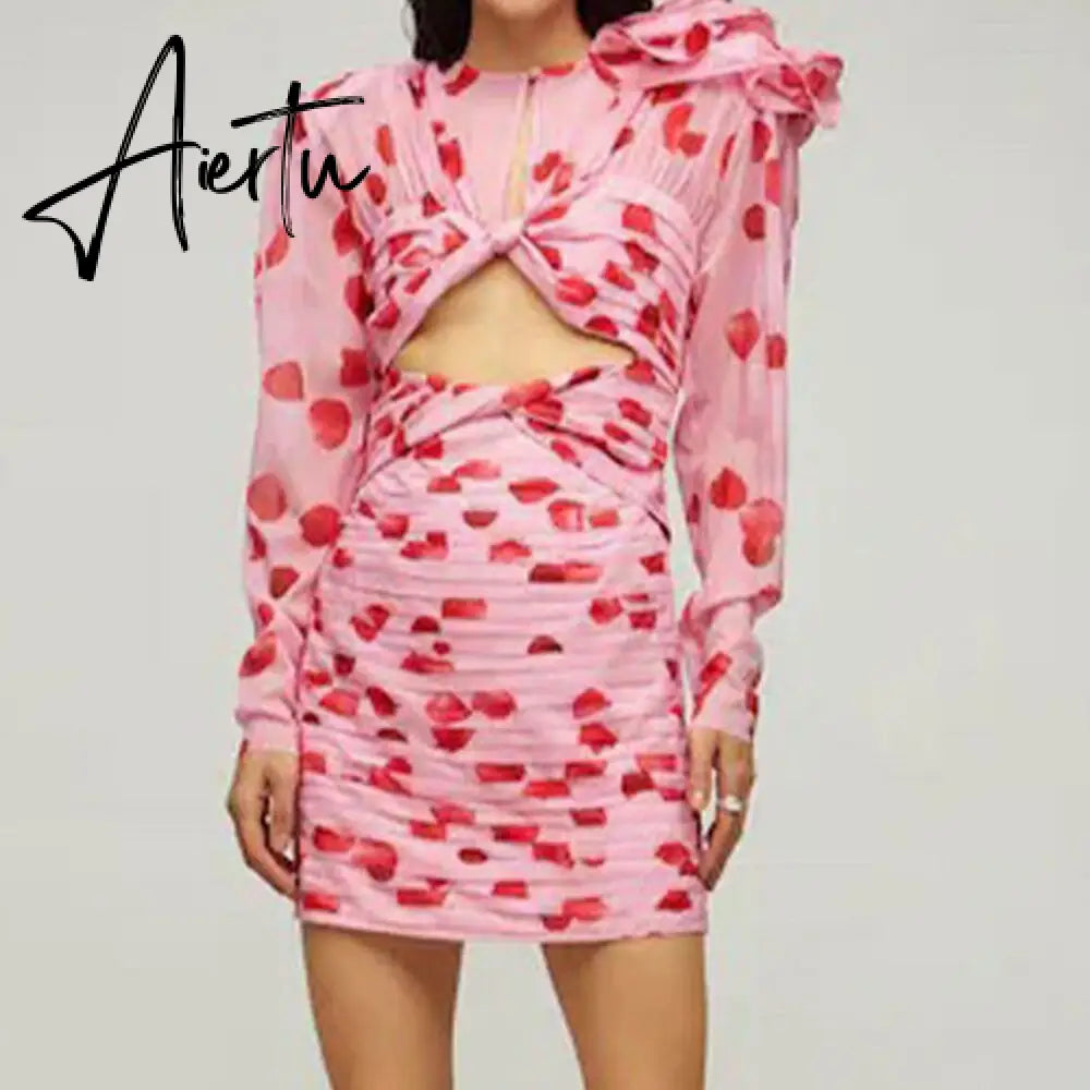 Vintage Print Floral Mini Dress For Women Round Neck Long Sleeve Cut Out High Waist Pleated Dresses Female Clothing New Aiertu