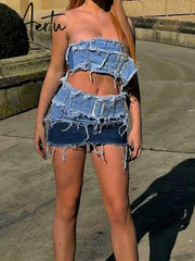 Vintage Ripped Denim Skirt Belt Patchwork y2k Aesthetic Low Rise Skinny Mini Skirts Women Sexy Streetwear Skirts Grunge Aiertu