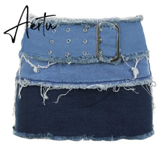 Vintage Ripped Denim Skirt Belt Patchwork y2k Aesthetic Low Rise Skinny Mini Skirts Women Sexy Streetwear Skirts Grunge Aiertu