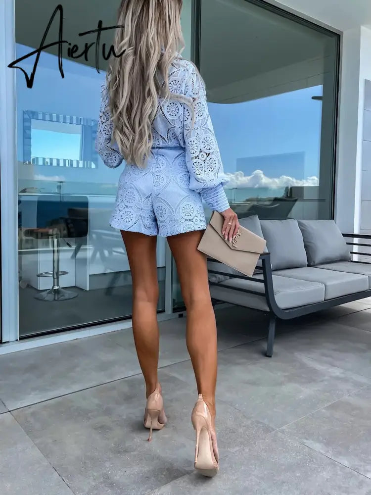 Vintage Single Breasted Hollow Out Shorts Sets Long Sleeve White Casual Party 2 Pcs Lace Outfits Women Femme Pajama Suits Aiertu