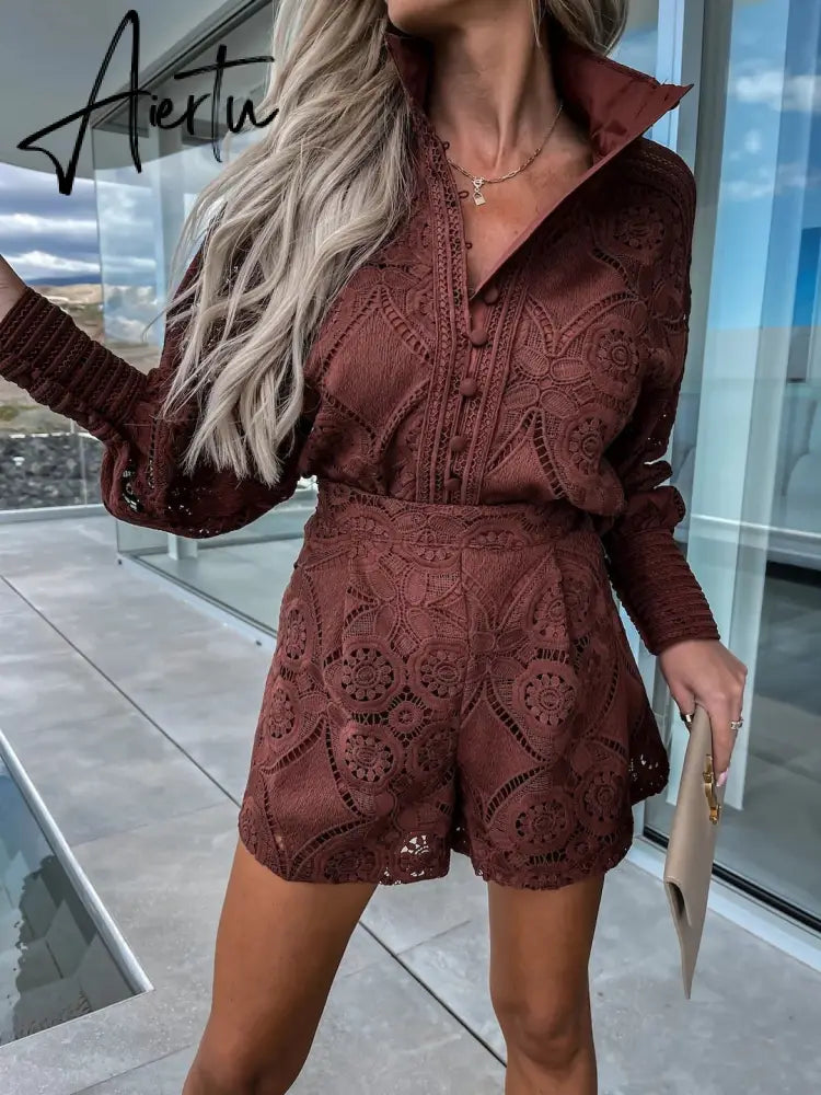 Vintage Single Breasted White Lace Women Shorts Sets Spring Long Sleeve Casual Party 2 Pcs Outfits Femme Suit Summer Aiertu