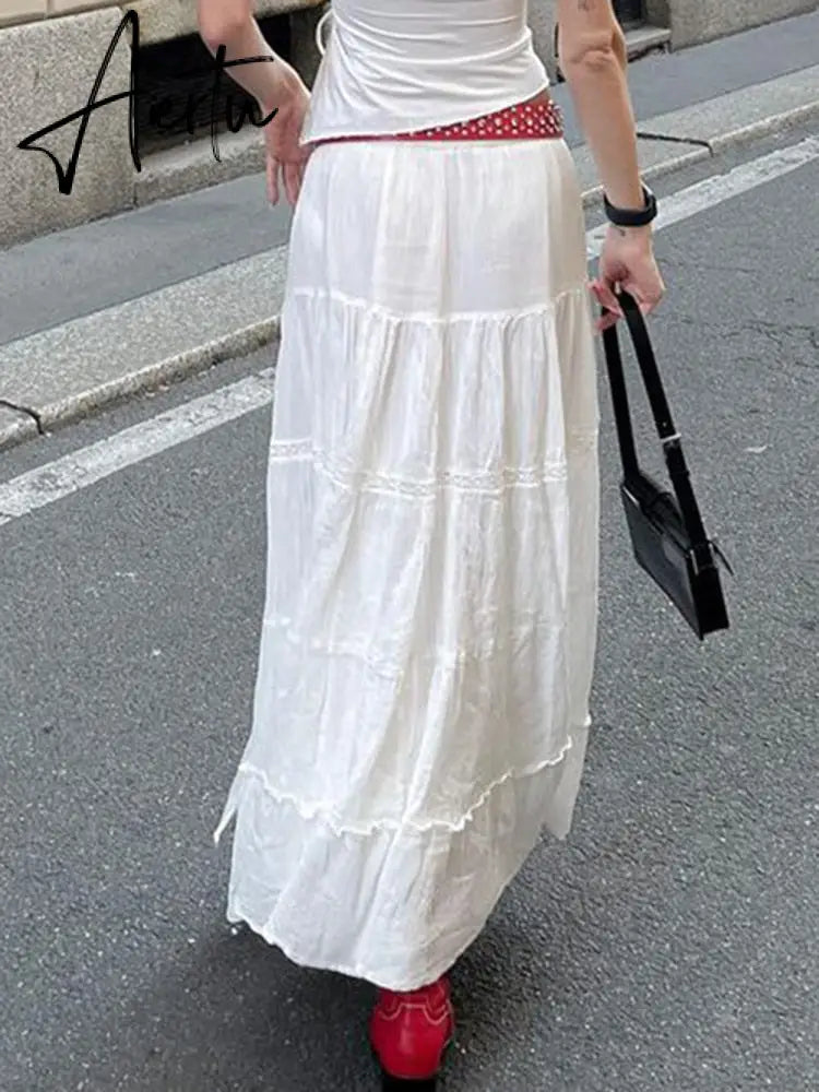 Vintage Solid White Split Long Skirt Casual Low Rise Harajuku Loose Summer Midi Skirts For Women y2k Cute 2000s Outfits Aiertu