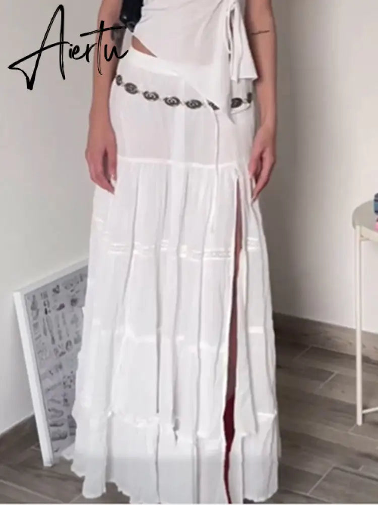 Vintage Solid White Split Long Skirt Casual Low Rise Harajuku Loose Summer Midi Skirts For Women y2k Cute 2000s Outfits Aiertu