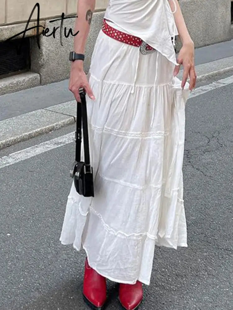 Vintage Solid White Split Long Skirt Casual Low Rise Harajuku Loose Summer Midi Skirts For Women y2k Cute 2000s Outfits Aiertu
