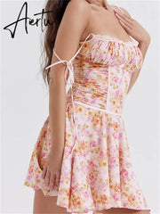 Vintage Tie-up Strap Floral Print Mini Dress for Women Summer Ruched Party Dress Beach Cocktail Female Aiertu