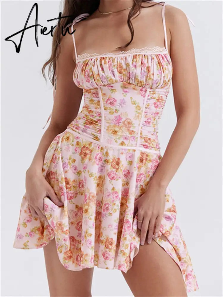 Vintage Tie-up Strap Floral Print Mini Dress for Women Summer Ruched Party Dress Beach Cocktail Female Aiertu