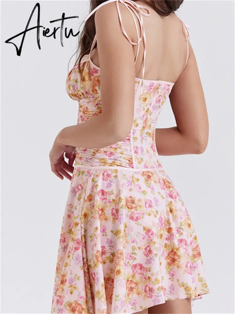 Vintage Tie-up Strap Floral Print Mini Dress for Women Summer Ruched Party Dress Beach Cocktail Female Aiertu