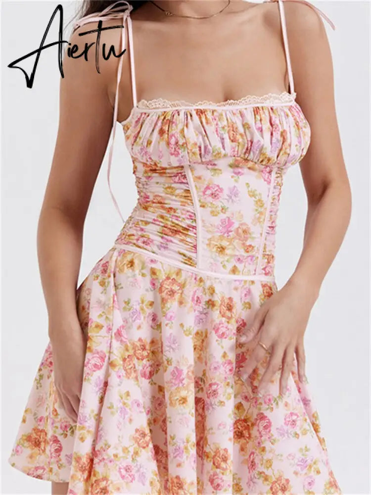 Vintage Tie-up Strap Floral Print Mini Dress for Women Summer Ruched Party Dress Beach Cocktail Female Aiertu