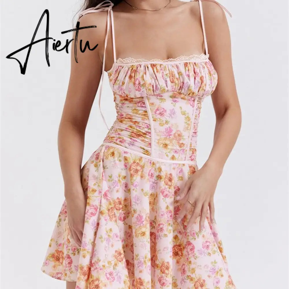 Vintage Tie-up Strap Floral Print Mini Dress for Women Summer Ruched Party Dress Beach Cocktail Female Aiertu