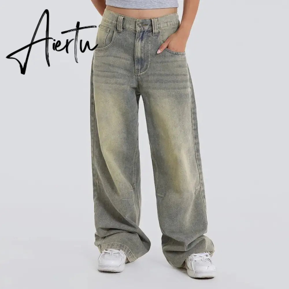 Vintage Wide Leg For Women Jeans Fashion New Jean Streetwear Zipper Pocket High Street Female Y2k Denim Trousers Aiertu