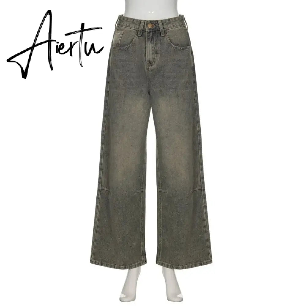 Vintage Wide Leg For Women Jeans Fashion New Jean Streetwear Zipper Pocket High Street Female Y2k Denim Trousers Aiertu