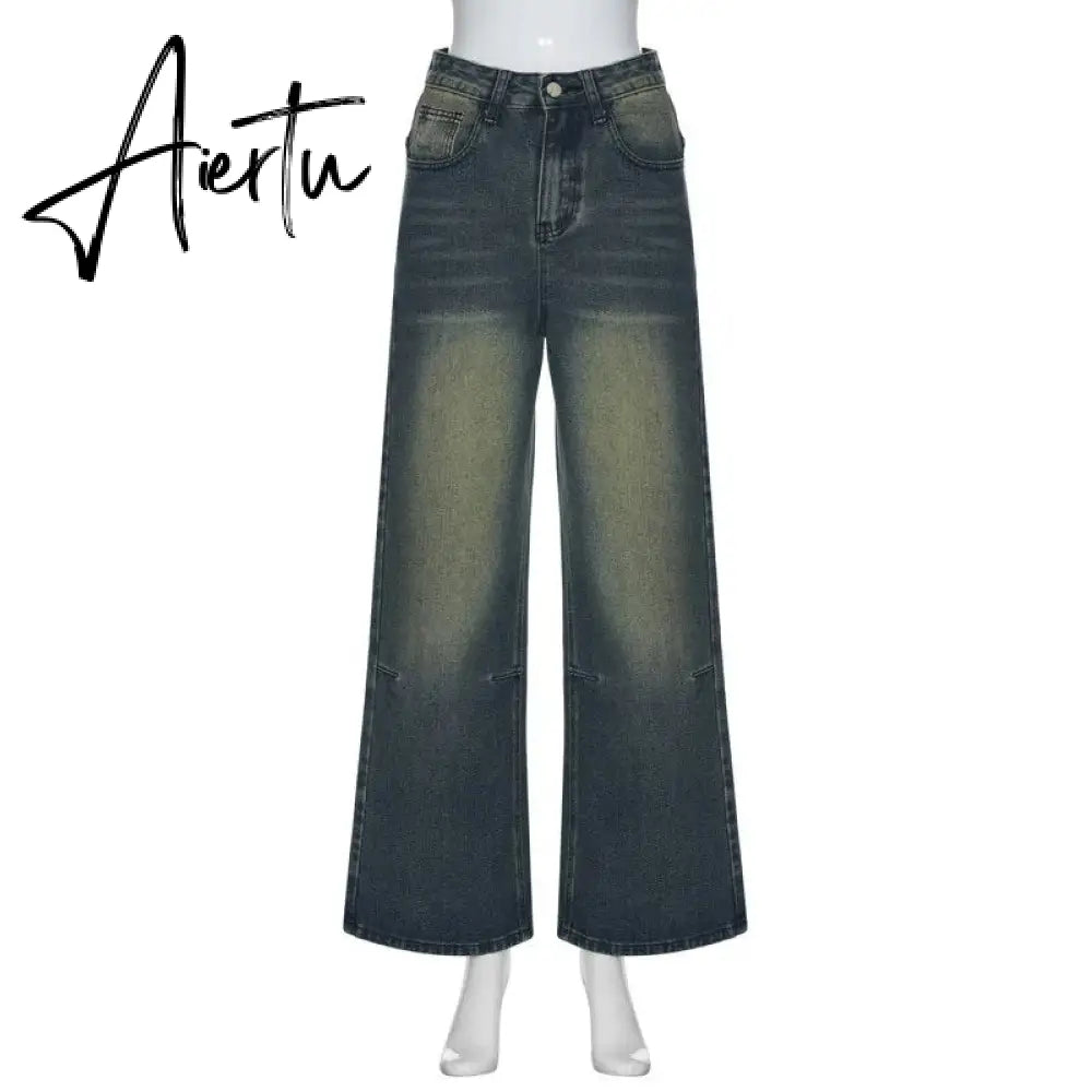 Vintage Wide Leg For Women Jeans Fashion New Jean Streetwear Zipper Pocket High Street Female Y2k Denim Trousers Aiertu