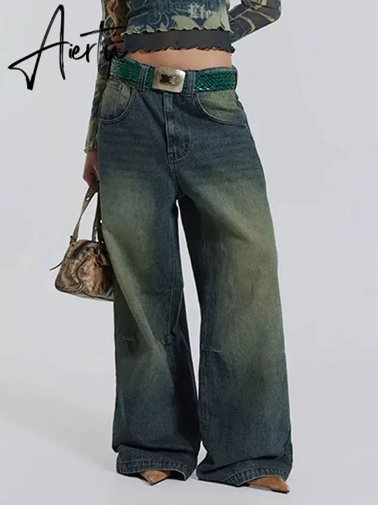 Vintage Wide Leg For Women Jeans Fashion New Jean Streetwear Zipper Pocket High Street Female Y2k Denim Trousers Aiertu