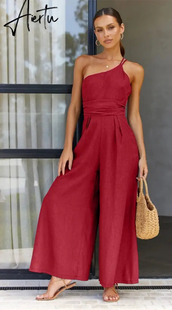 Waist Folds Backless Double Strap Casual Wide Leg Jumpsuit Long Pants Green 2023 New Female Loose  Jumpsuit Aiertu