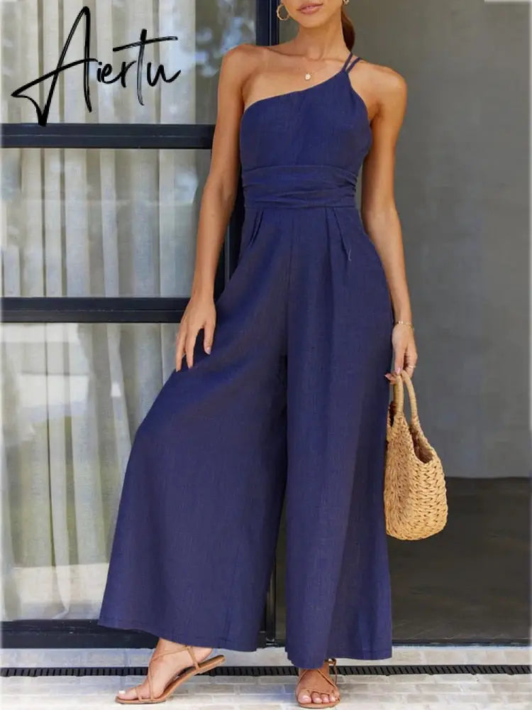 Waist Folds Backless Double Strap Casual Wide Leg Jumpsuit Long Pants Green 2023 New Female Loose  Jumpsuit Aiertu