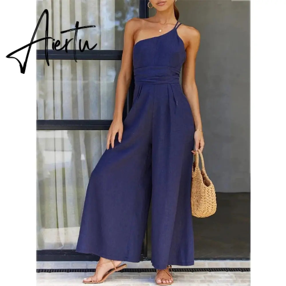Waist Folds Backless Double Strap Casual Wide Leg Jumpsuit Long Pants Green 2023 New Female Loose  Jumpsuit Aiertu