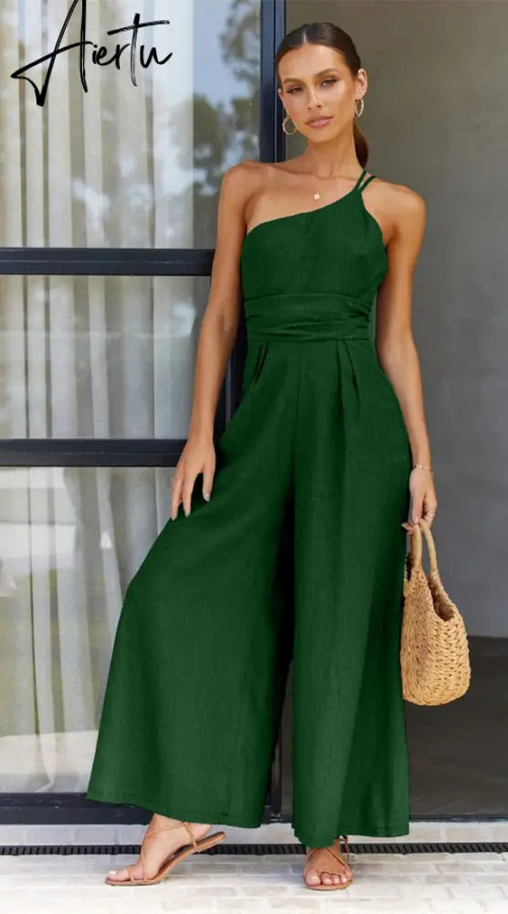 Waist Folds Backless Double Strap Casual Wide Leg Jumpsuit Long Pants Green 2023 New Female Loose  Jumpsuit Aiertu