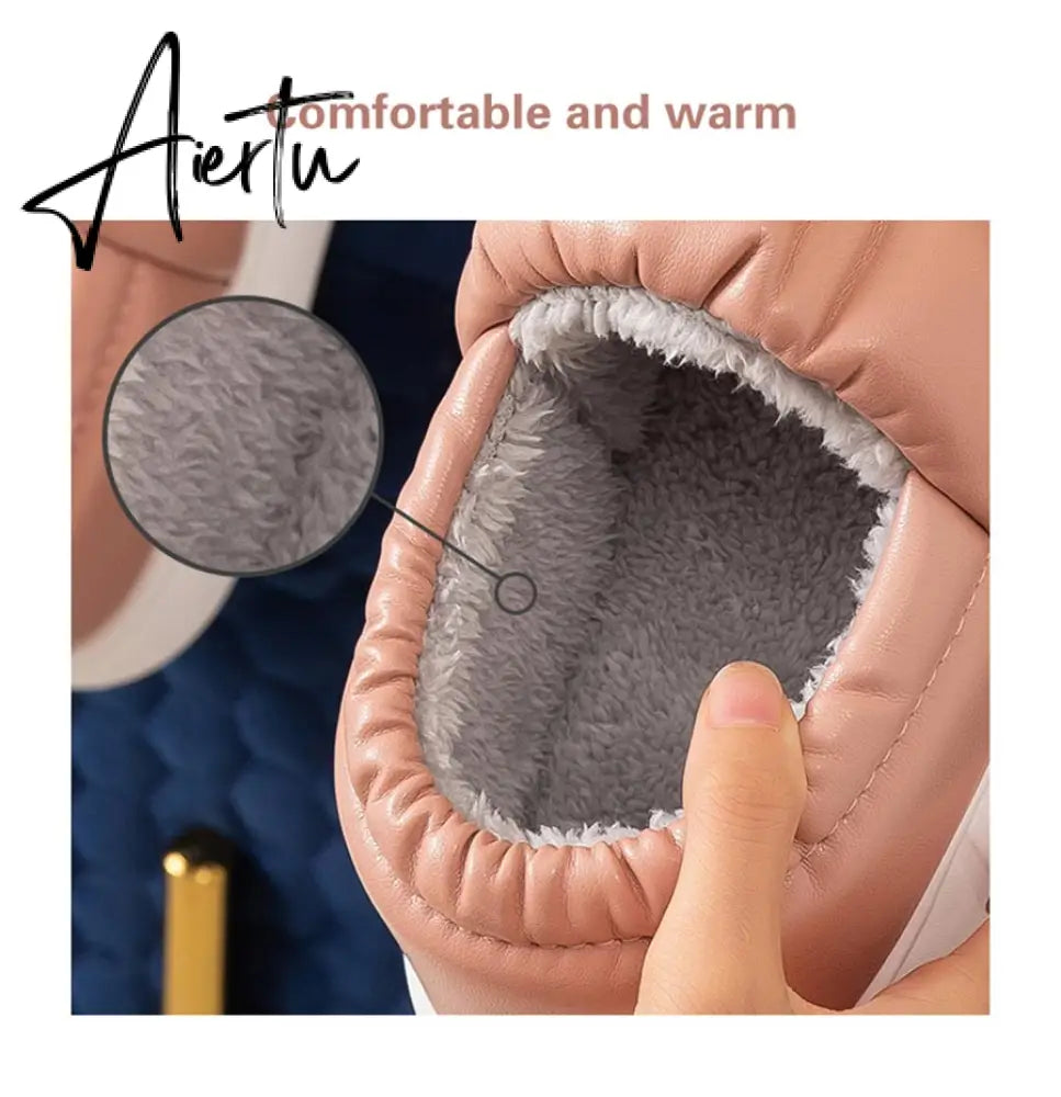 Waterproof Non-Slip Home Slippers Winter Warm Women Indoor Cotton Men Non-slips Ladies Soft Slippers Memory Foam Couples Shoes Aiertu