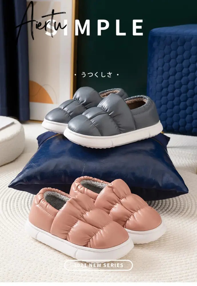 Waterproof Non-Slip Home Slippers Winter Warm Women Indoor Cotton Men Non-slips Ladies Soft Slippers Memory Foam Couples Shoes Aiertu