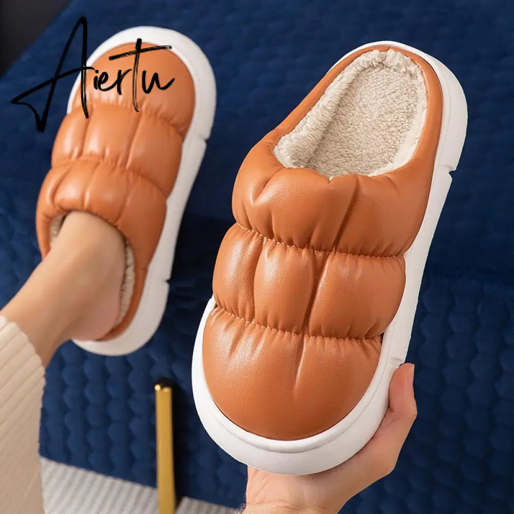 Waterproof Non-Slip Home Slippers Winter Warm Women Indoor Cotton Men Non-slips Ladies Soft Slippers Memory Foam Couples Shoes Aiertu