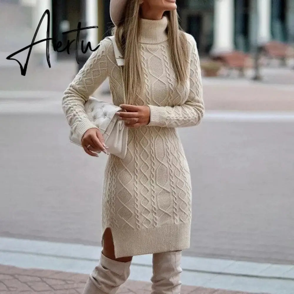 WEPBEL Women Elegant Autumn Winter Knitted Sweater Dress Casual Ladies Solid Color Long Sleeve Turtleneck Split Bodycon Dress Aiertu