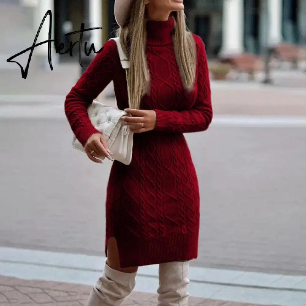 WEPBEL Women Elegant Autumn Winter Knitted Sweater Dress Casual Ladies Solid Color Long Sleeve Turtleneck Split Bodycon Dress Aiertu