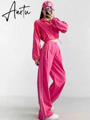 White Black Sports Tracksuits Set Women Windbreak Fast Dry Cropped Zip Up Jackets Coat Top Wide Leg Baggy Pants Trousers Aiertu