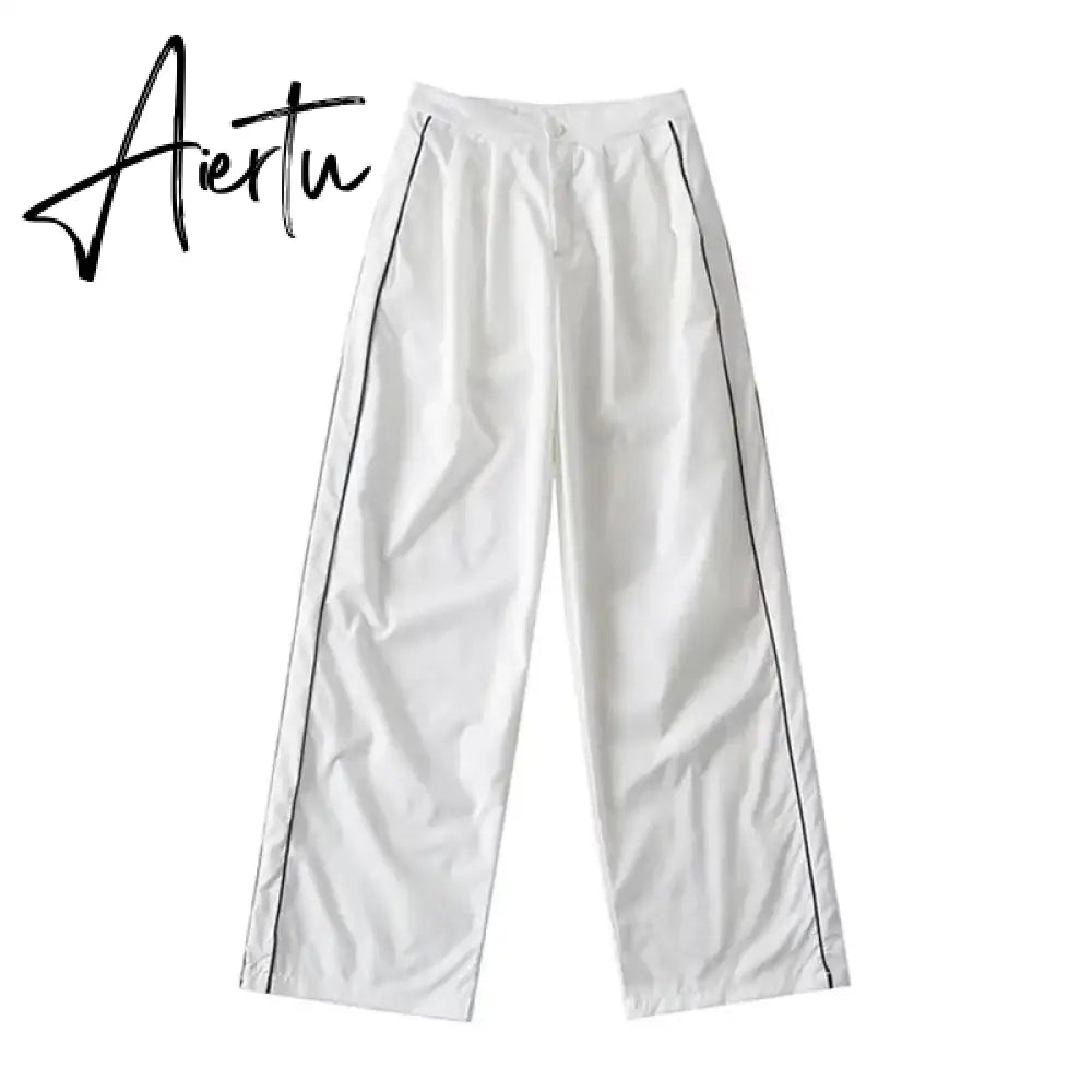 White Black Sports Tracksuits Set Women Windbreak Fast Dry Cropped Zip Up Jackets Coat Top Wide Leg Baggy Pants Trousers Aiertu