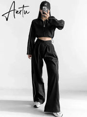 White Black Sports Tracksuits Set Women Windbreak Fast Dry Cropped Zip Up Jackets Coat Top Wide Leg Baggy Pants Trousers Aiertu