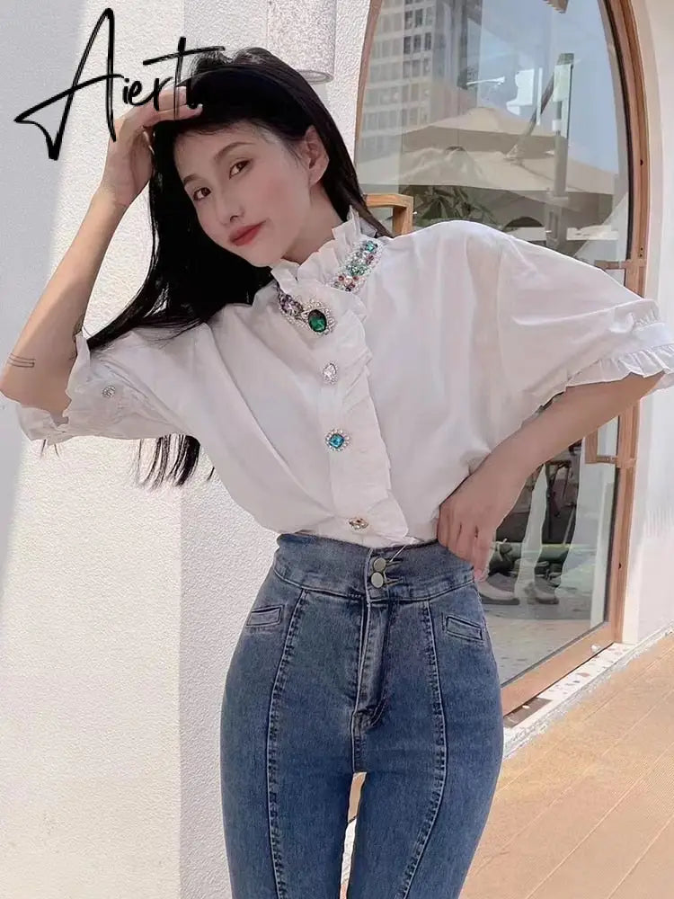 White Blouse Women Shirts Beading Diamonds Button Up Shirt Ruffles Stand Collar  Fashion Short Sleeve Cotton Casual Tops Aiertu