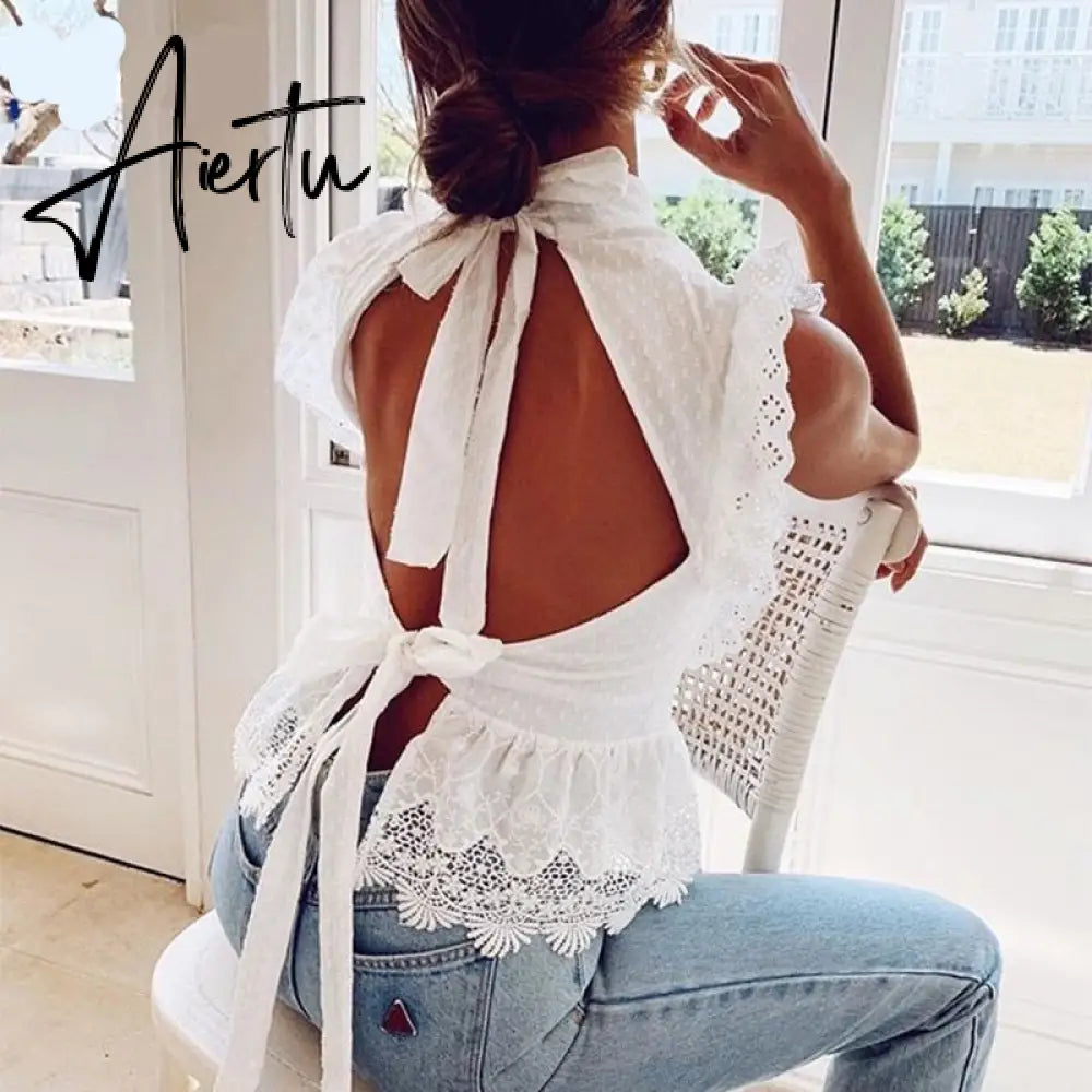 White cotton lace blouses shirt women back bow cotton blouses women ruffle lace shirt Aiertu