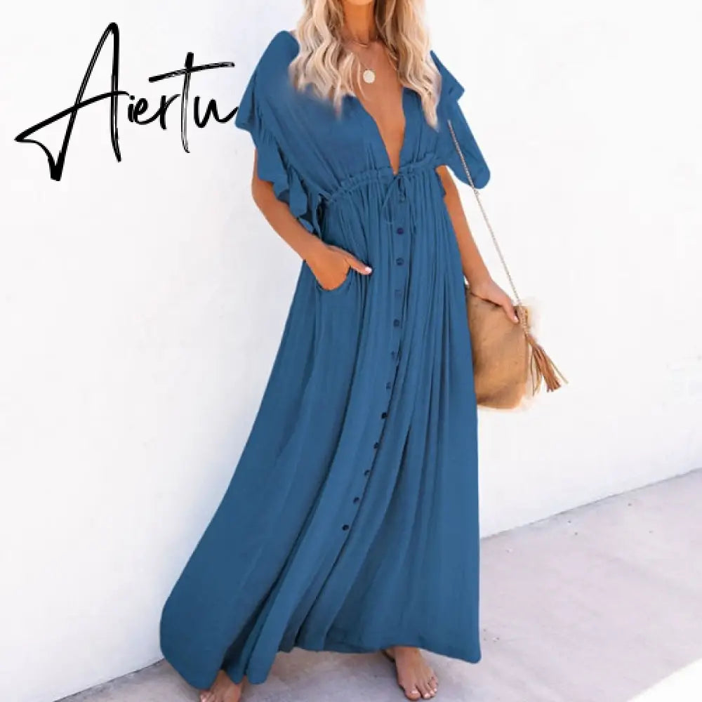 White Cover-ups Bikini Cover up Kaftan Women Long Maxi Dress Solid V neck Ladies Holiday Dress Robe Plage Tunic Women Beachwear Aiertu