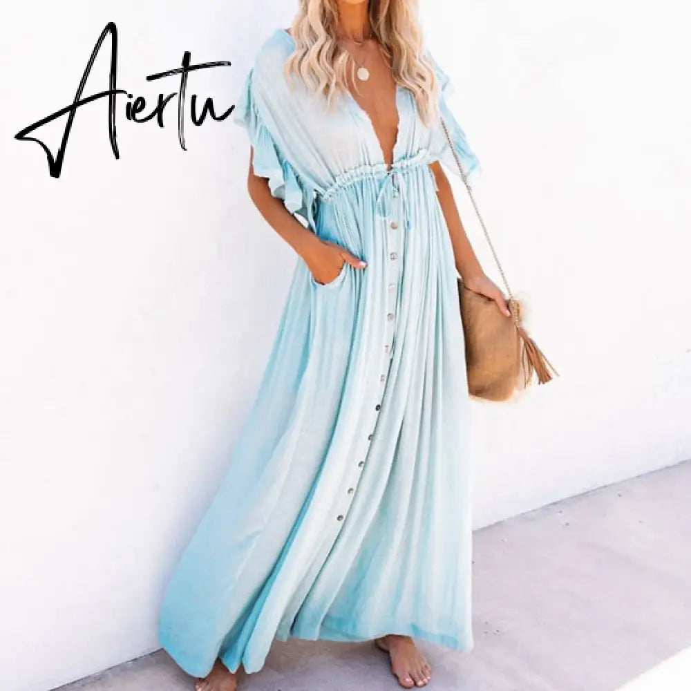 White Cover-ups Bikini Cover up Kaftan Women Long Maxi Dress Solid V neck Ladies Holiday Dress Robe Plage Tunic Women Beachwear Aiertu