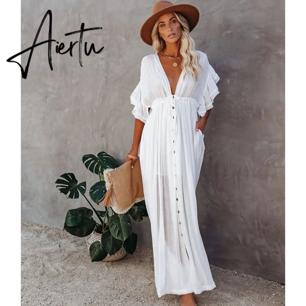 White Cover-ups Bikini Cover up Kaftan Women Long Maxi Dress Solid V neck Ladies Holiday Dress Robe Plage Tunic Women Beachwear Aiertu