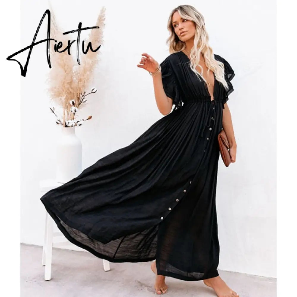 White Cover-ups Bikini Cover up Kaftan Women Long Maxi Dress Solid V neck Ladies Holiday Dress Robe Plage Tunic Women Beachwear Aiertu