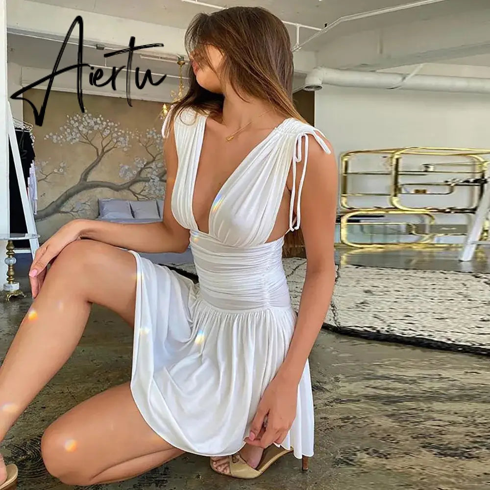 White Elegant Pleated Plunge Deep V-Neck Sleeveless Dresses Evening Club Party Christmas Women Mini Dress Clothes Aiertu