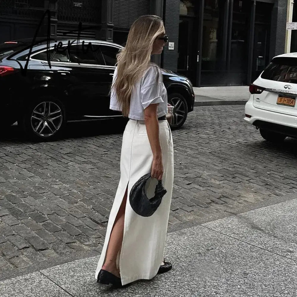 White Fashion High Waist Maxi Skirt Female Split Solid Pocket Streetwear Patchwork Casual Long Skirt For Women Maxi Skirt Aiertu