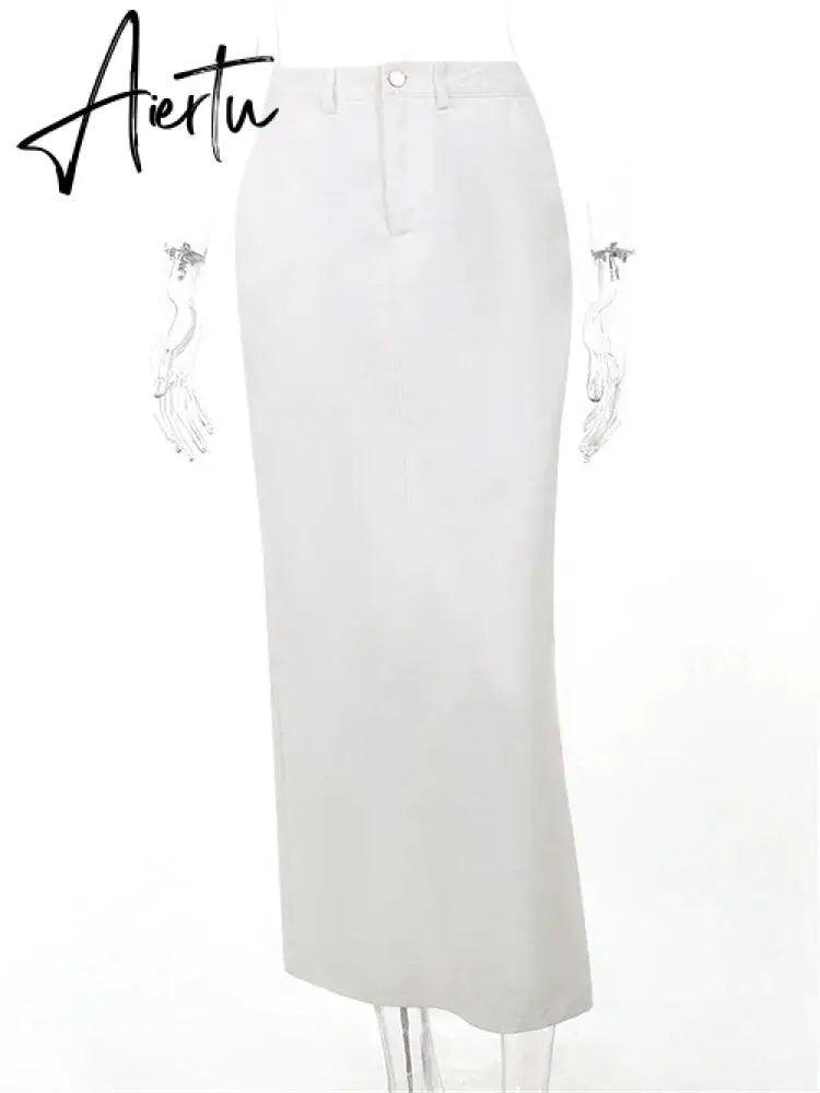 White Fashion High Waist Maxi Skirt Female Split Solid Pocket Streetwear Patchwork Casual Long Skirt For Women Maxi Skirt Aiertu