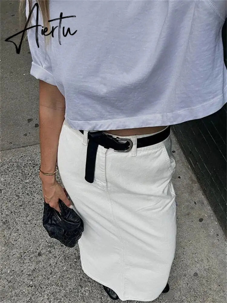 White Fashion High Waist Maxi Skirt Female Split Solid Pocket Streetwear Patchwork Casual Long Skirt For Women Maxi Skirt Aiertu
