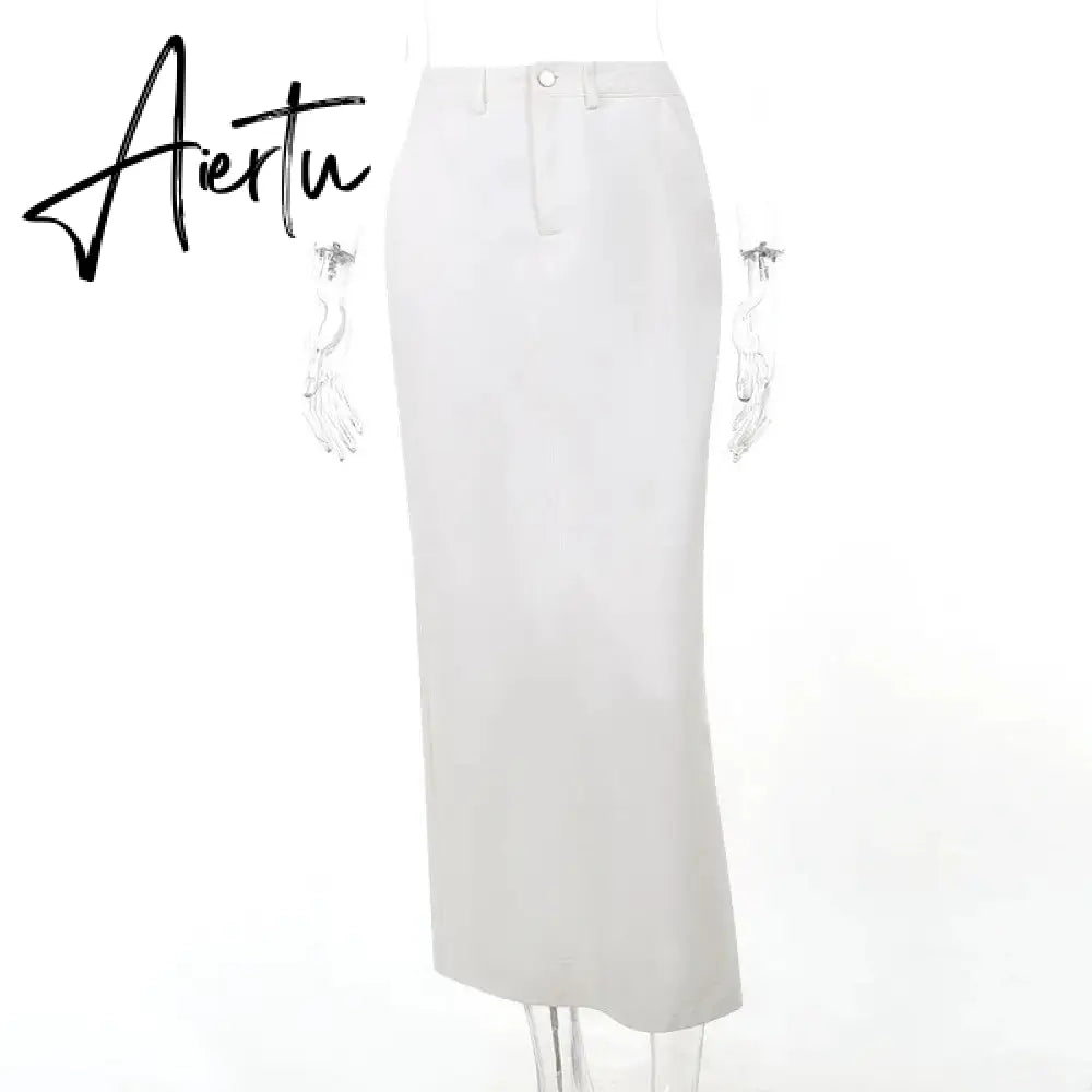 White Fashion High Waist Maxi Skirt Female Split Solid Pocket Streetwear Patchwork Casual Long Skirt For Women Maxi Skirt Aiertu