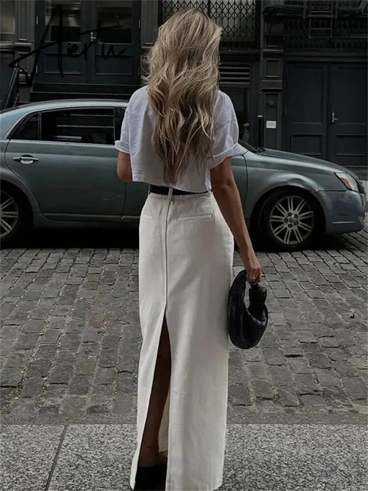 White Fashion High Waist Maxi Skirt Female Split Solid Pocket Streetwear Patchwork Casual Long Skirt For Women Maxi Skirt Aiertu
