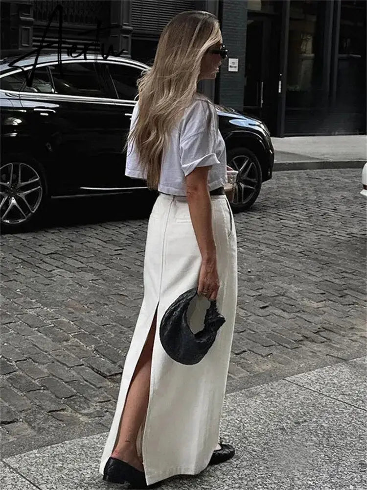 White Fashion High Waist Maxi Skirt Female Split Solid Pocket Streetwear Patchwork Casual Long Skirt For Women Maxi Skirt Aiertu