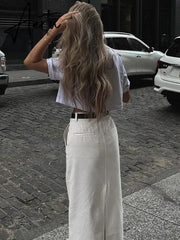 White Fashion High Waist Maxi Skirt Female Split Solid Pocket Streetwear Patchwork Casual Long Skirt For Women Maxi Skirt Aiertu