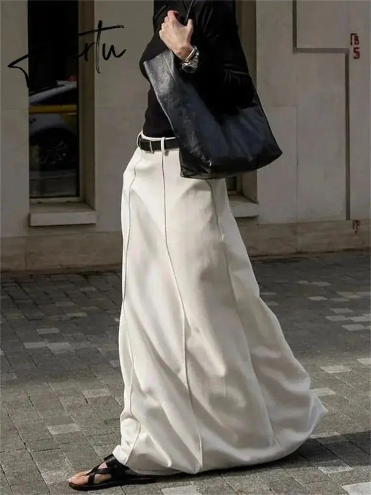 White High Waist Patchwork Long Skirt For Women Loose Casual Pocket Elegant Solid Fashion Summer Female Maxi Skirt Aiertu