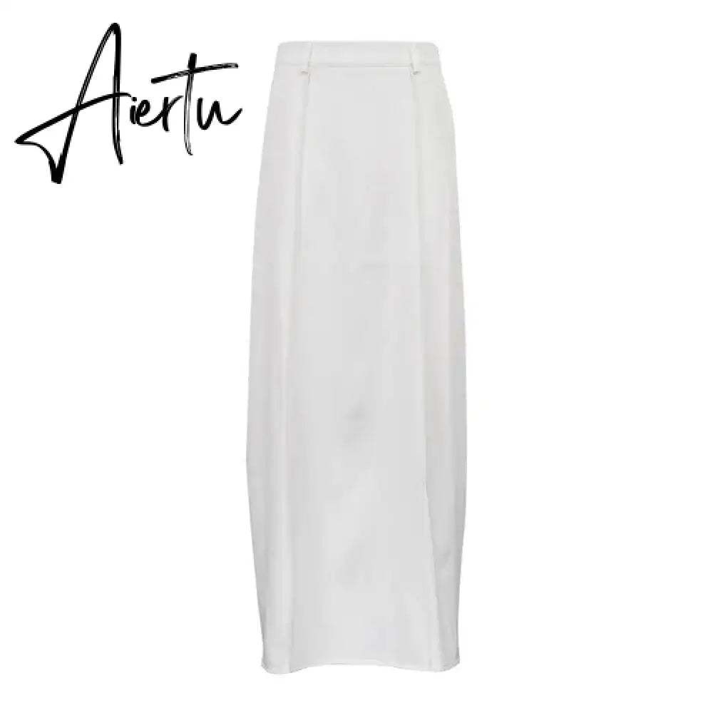 White High Waist Patchwork Long Skirt For Women Loose Casual Pocket Elegant Solid Fashion Summer Female Maxi Skirt Aiertu