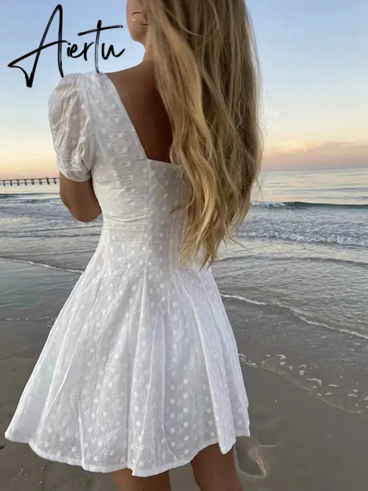 White lace embriodery summer beach dress women elegant hollow out lace up short dress off shoulder puff sleeve sheer dress Aiertu
